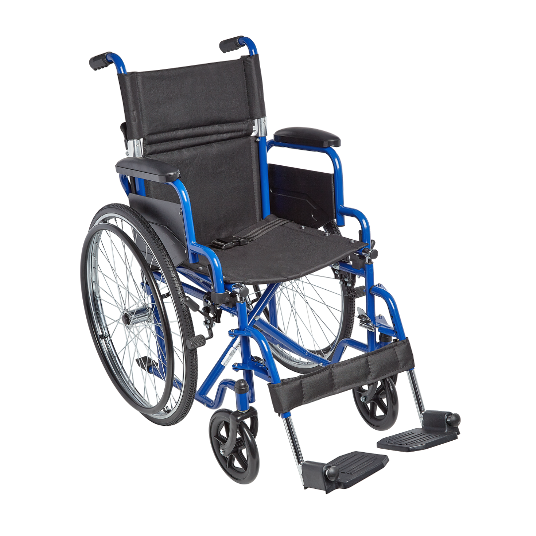 The Circle Specialty ZIGGO Pediatric Wheelchair is a blue lightweight chair with black seat and backrest, armrests, large rear wheels, small front wheels, and footrests, pictured against a white background.